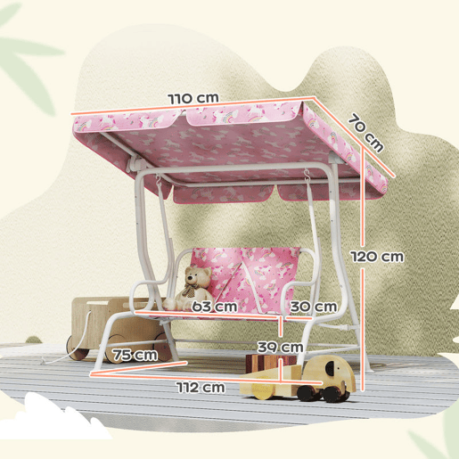 AIYAPLAY Baloiço de Jardim Exterior Infantil de 2 Lugares, Baloiço de Jardim com Toldo Ajustável, Cintos de Segurança, Design de Unicórnio e Arco-Íris, para Interior e Exterior, 112x75x120 cm, Rosa