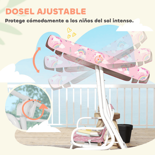 AIYAPLAY Baloiço de Jardim Exterior Infantil de 2 Lugares, Baloiço de Jardim com Toldo Ajustável, Cintos de Segurança, Design de Unicórnio e Arco-Íris, para Interior e Exterior, 112x75x120 cm, Rosa