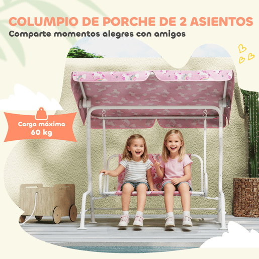 AIYAPLAY Baloiço de Jardim Exterior Infantil de 2 Lugares, Baloiço de Jardim com Toldo Ajustável, Cintos de Segurança, Design de Unicórnio e Arco-Íris, para Interior e Exterior, 112x75x120 cm, Rosa