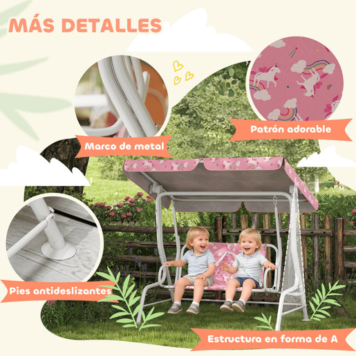 AIYAPLAY Baloiço de Jardim Exterior Infantil de 2 Lugares, Baloiço de Jardim com Toldo Ajustável, Cintos de Segurança, Design de Unicórnio e Arco-Íris, para Interior e Exterior, 112x75x120 cm, Rosa