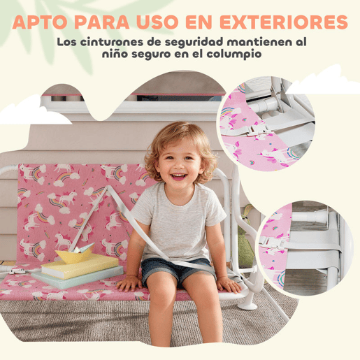 AIYAPLAY Baloiço de Jardim Exterior Infantil de 2 Lugares, Baloiço de Jardim com Toldo Ajustável, Cintos de Segurança, Design de Unicórnio e Arco-Íris, para Interior e Exterior, 112x75x120 cm, Rosa