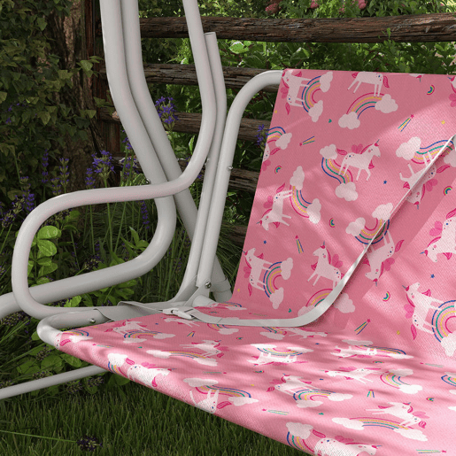 AIYAPLAY Baloiço de Jardim Exterior Infantil de 2 Lugares, Baloiço de Jardim com Toldo Ajustável, Cintos de Segurança, Design de Unicórnio e Arco-Íris, para Interior e Exterior, 112x75x120 cm, Rosa
