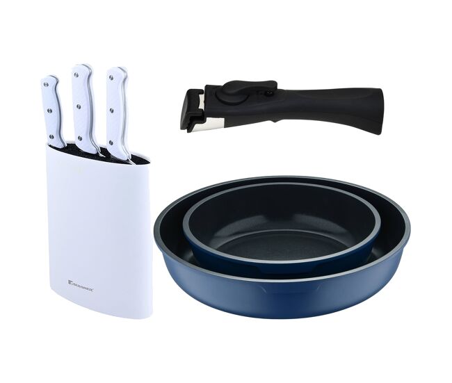 Bergner click&cook juego de 2 sartenes ø22ø26cm aluminio fundido azul con mango desmontable+set de 3 cuchillos con tacoma en acero inoxidable