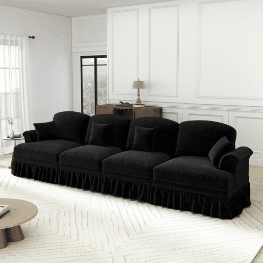 Sofá de 4 lugares - estilo mid-century em chenille, braços em forma de funil - preto
