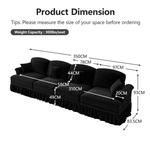 Sofá de 4 lugares - estilo mid-century em chenille, braços em forma de funil - preto