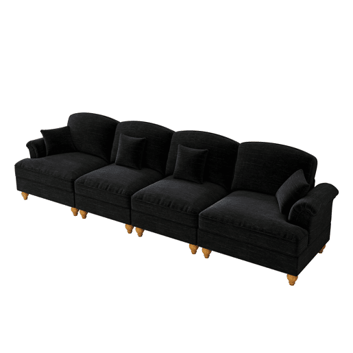 Sofá de 4 lugares - estilo mid-century em chenille, braços em forma de funil - preto