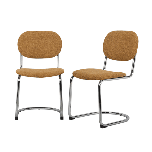 Cadeira arredondada em metal, boucle texturizado e pés cromados, set de 2, Maloa boucle, Mostarda, 47x54.5x81 cm
