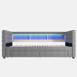 Sofá-cama 90x190 cm - Design multifuncional, portas USB e Tipo-C, 2 gavetas, arrumação, cinzento