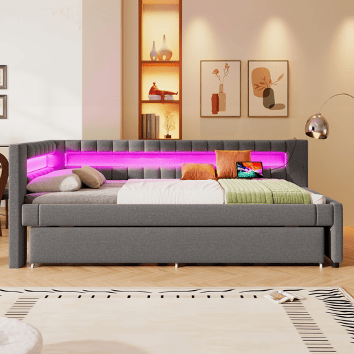 Sofá-cama 90x200 cm - LED com comando, cama extra, USB + TYPE-C, linho - cinzento Sofá-cama 90x200 cm - LED com comando, cama extra, USB + TYPE-C, linho - cinzento