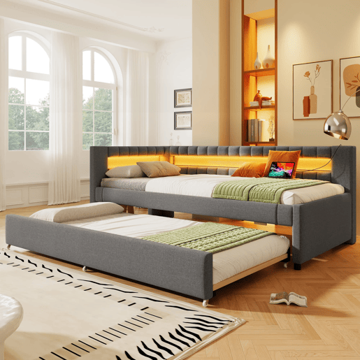 Sofá-cama 90x200 cm - LED com comando, cama extra, USB + TYPE-C, linho - cinzento Sofá-cama 90x200 cm - LED com comando, cama extra, USB + TYPE-C, linho - cinzento