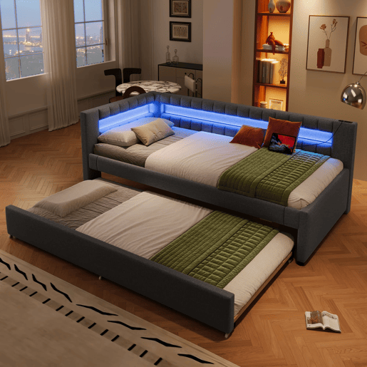 Sofá-cama 90x200 cm - LED com comando, cama extra, USB + TYPE-C, linho - cinzento Sofá-cama 90x200 cm - LED com comando, cama extra, USB + TYPE-C, linho - cinzento