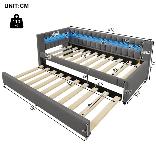 Sofá-cama 90x200 cm - LED com comando, cama extra, USB + TYPE-C, linho - cinzento Sofá-cama 90x200 cm - LED com comando, cama extra, USB + TYPE-C, linho - cinzento