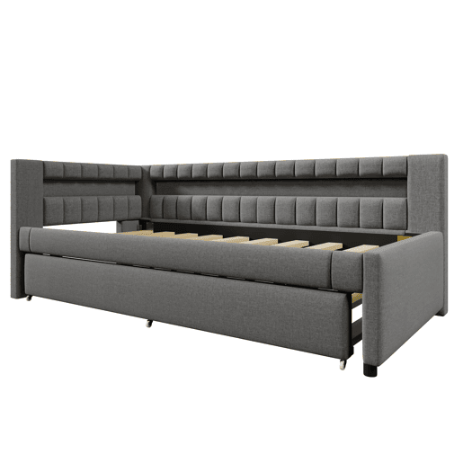 Sofá-cama 90x200 cm - LED com comando, cama extra, USB + TYPE-C, linho - cinzento Sofá-cama 90x200 cm - LED com comando, cama extra, USB + TYPE-C, linho - cinzento