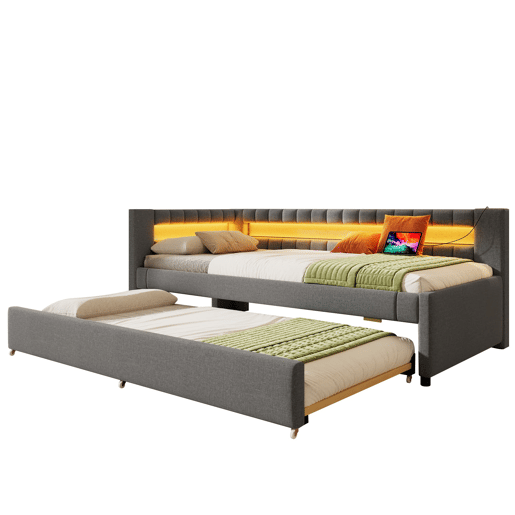 Sofá-cama 90x200 cm - LED com comando, cama extra, USB + TYPE-C, linho - cinzento Sofá-cama 90x200 cm - LED com comando, cama extra, USB + TYPE-C, linho - cinzento