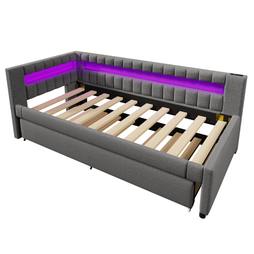 Sofá-cama 90x200 cm - LED com comando, cama extra, USB + TYPE-C, linho - cinzento Sofá-cama 90x200 cm - LED com comando, cama extra, USB + TYPE-C, linho - cinzento