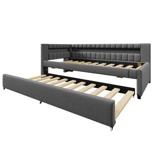 Sofá-cama 90x200 cm - LED com comando, cama extra, USB + TYPE-C, linho - cinzento Sofá-cama 90x200 cm - LED com comando, cama extra, USB + TYPE-C, linho - cinzento