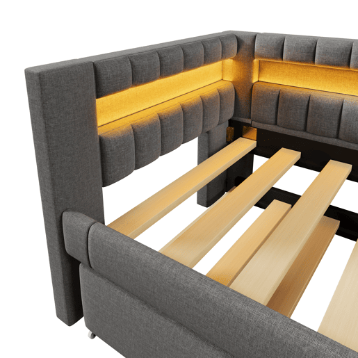 Sofá-cama 90x200 cm - LED com comando, cama extra, USB + TYPE-C, linho - cinzento Sofá-cama 90x200 cm - LED com comando, cama extra, USB + TYPE-C, linho - cinzento