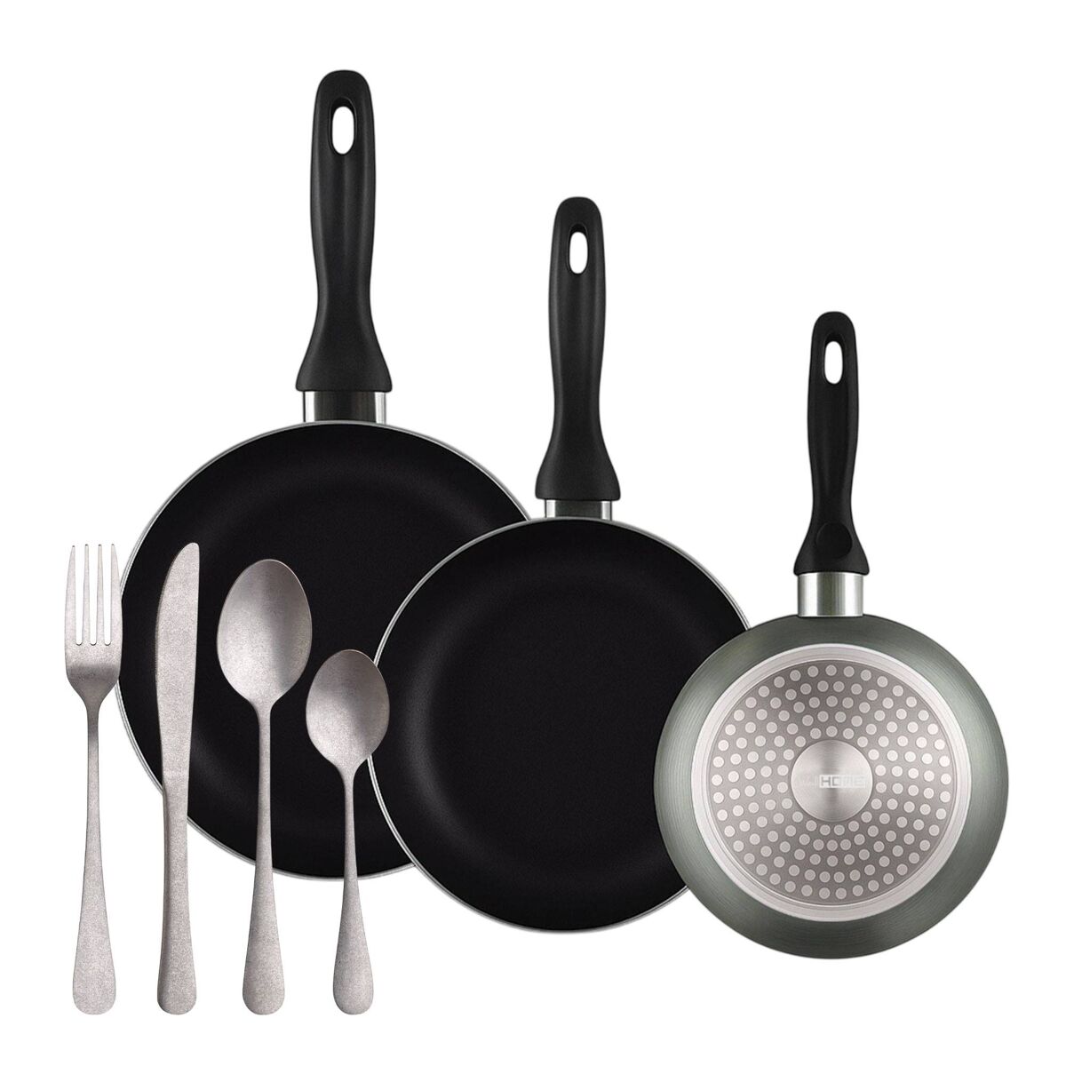Well home set de 3 sartenes ø16ø20ø24cm de aluminio prensado en gris metalizado+set de 16 cubiertos en acero inoxidable