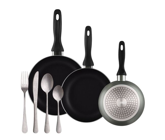Well home set de 3 sartenes ø16ø20ø24cm de aluminio prensado en gris metalizado+set de 16 cubiertos en acero inoxidable