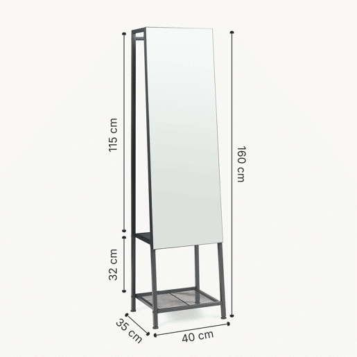 Espelho de corpo inteiro 2 em 1 Klilbojle com 2 prateleiras 160x40x35cm Preto en.casa