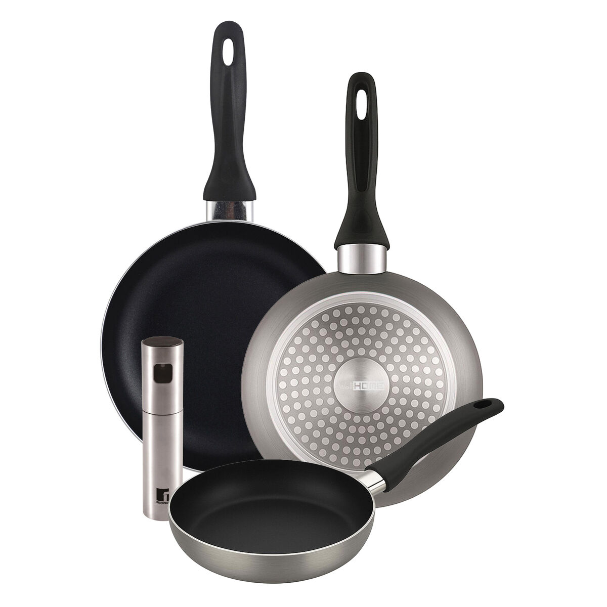 Well home set de 3 sartenes ø16ø20ø24cm de aluminio prensado en gris metalizado+pulverizador de aceite y vinagre ø4x17,5cm en acero inoxidable