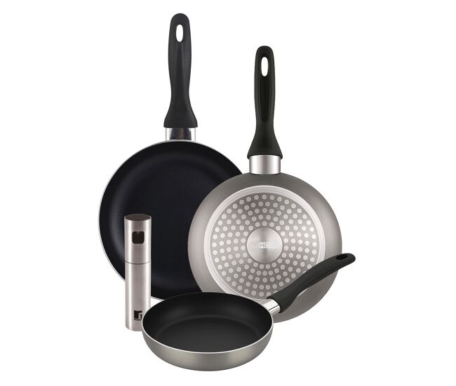 Well home set de 3 sartenes ø16ø20ø24cm de aluminio prensado en gris metalizado+pulverizador de aceite y vinagre ø4x17,5cm en acero inoxidable