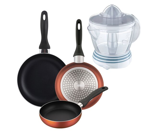 Well home set de 3 sartenes ø16ø20ø24cm de aluminio prensado en cobre metalizado+exprimidor de 40w de potencia - capacidad de 1.2 litros