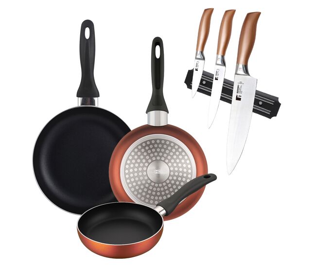 Well home set de 3 sartenes ø16ø20ø24cm de aluminio prensado en cobre metalizado+set de 3 cuchillos en acero inoxidable con soporte magnético de pare