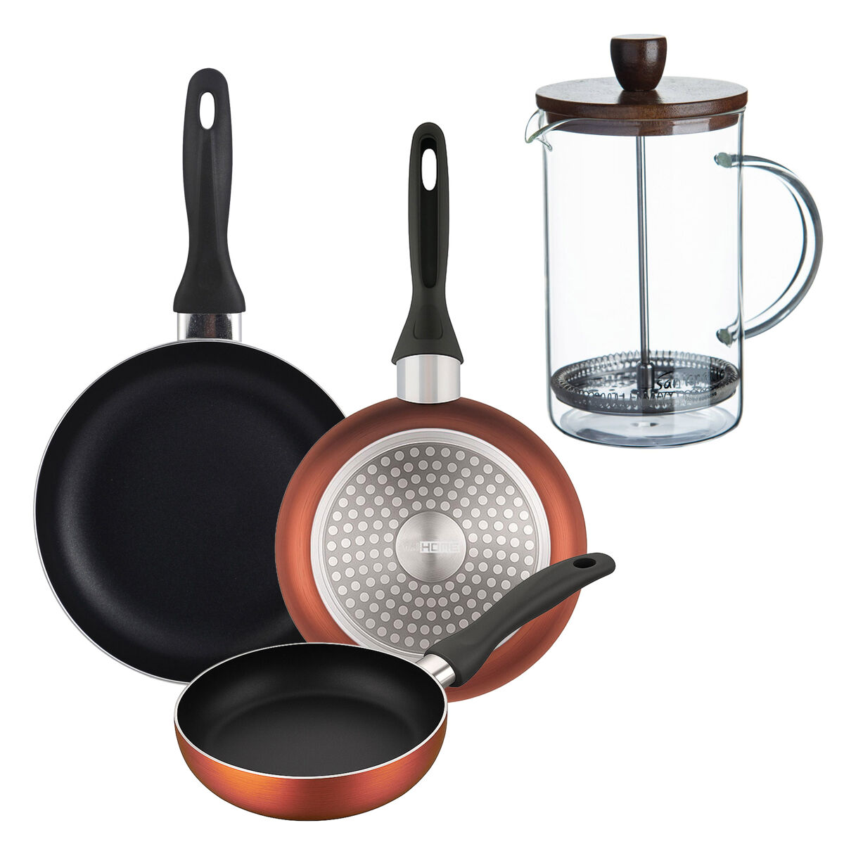Well home set de 3 sartenes ø16ø20ø24cm de aluminio prensado en cobre metalizado+cafetera de émbolo de vidrio borosilicato 15,8x10x18,8cm