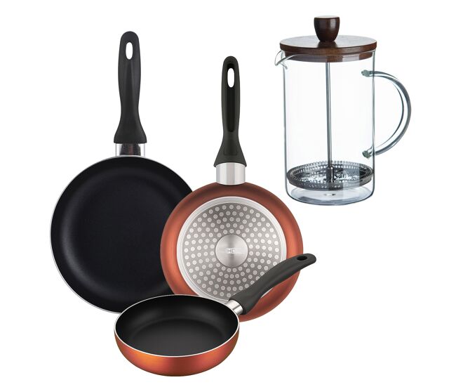 Well home set de 3 sartenes ø16ø20ø24cm de aluminio prensado en cobre metalizado+cafetera de émbolo de vidrio borosilicato 15,8x10x18,8cm