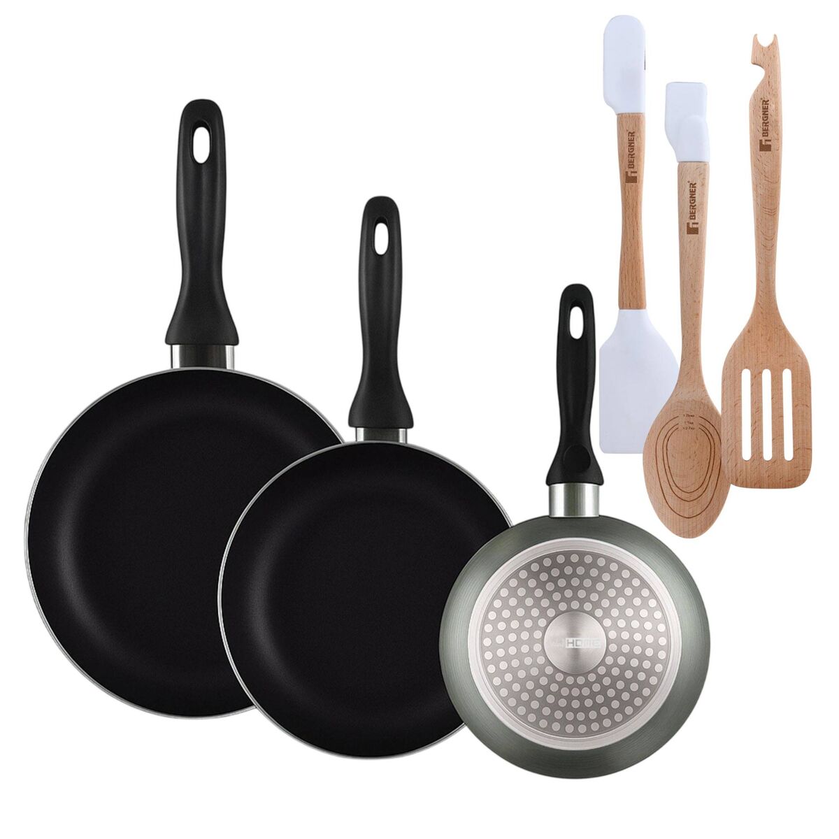 Well home set de 3 sartenes ø16ø20ø24cm de aluminio prensado en gris metalizado+juego de 3 utensilios de cocina en silicona y madera
