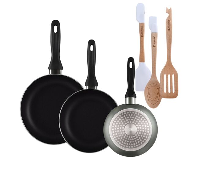 Well home set de 3 sartenes ø16ø20ø24cm de aluminio prensado en gris metalizado+juego de 3 utensilios de cocina en silicona y madera