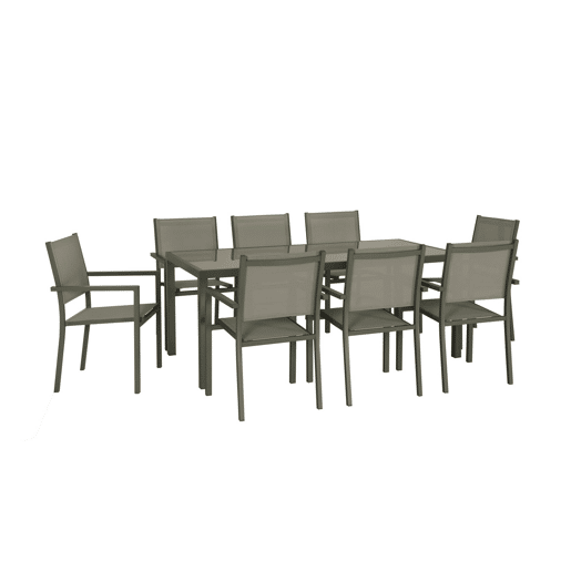 Mesa de jardim em alumínio e textilene, 8 cadeiras, Capua 180, Verde caqui, 182.5x90x71 cm