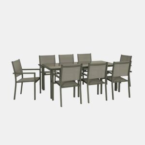 Mesa de jardim em alumínio e textilene, 8 cadeiras, Capua 180, Verde caqui, 182.5x90x71 cm