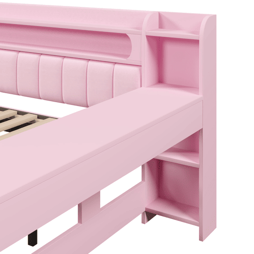 Cama nido estofada 140x200 - USB LED com secretária - Rosa
