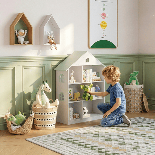 Prateleira infantil Vipsali em forma de casa MDF 107x83x30cm - Branco  Verde en.casa