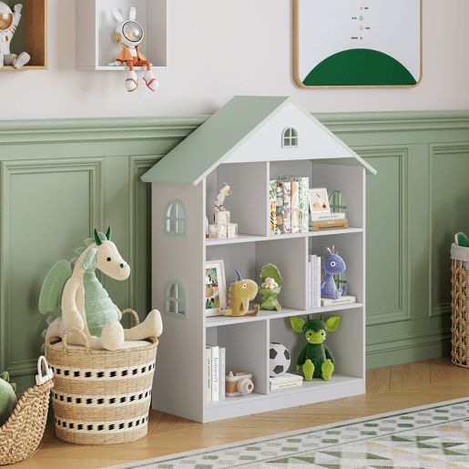 Prateleira infantil Vipsali em forma de casa MDF 107x83x30cm - Branco  Verde en.casa