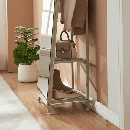 Espelho de corpo inteiro 2 em 1 Frenraby com prateleiras 165x40x35 cm - Areia en.casa Espelho de corpo inteiro 2 em 1 Frenraby com prateleiras 165x40x35 cm - Areia en.casa
