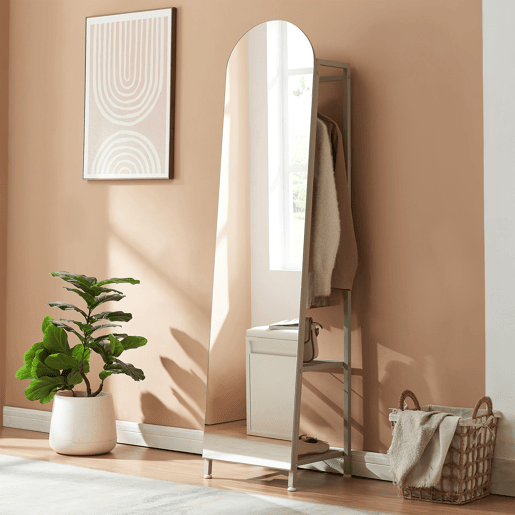 Espelho de corpo inteiro 2 em 1 Frenraby com prateleiras 165x40x35 cm - Areia en.casa Espelho de corpo inteiro 2 em 1 Frenraby com prateleiras 165x40x35 cm - Areia en.casa