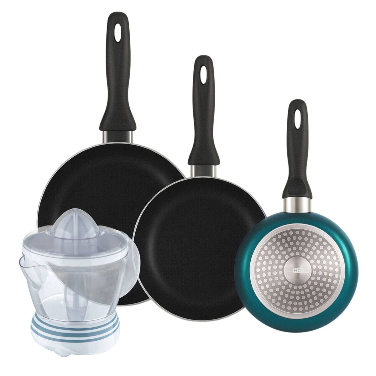 Well home set de 3 sartenes ø16ø20ø24cm de aluminio prensado en azul metalizado+exprimidor de 40w de potencia - capacidad de 1.2 litros