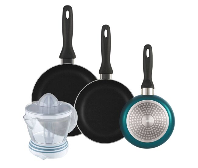 Well home set de 3 sartenes ø16ø20ø24cm de aluminio prensado en azul metalizado+exprimidor de 40w de potencia - capacidad de 1.2 litros