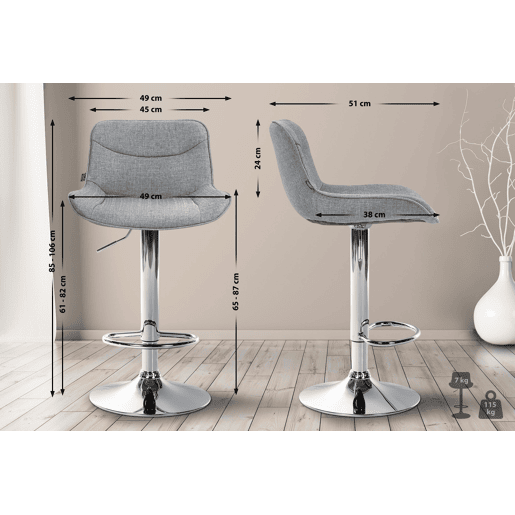 Conjunto de 2 banquetas giratórias ergonômicas com costura decorativa em tecido cinza e estrutura de metal cromado 10_0006200