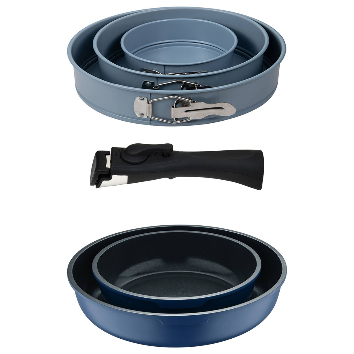 Bergner click&cook juego de 2 sartenes ø22ø26cm aluminio fundido azul con mango desmontable+juego de 3 moldes de horno redondos ø12ø18ø22cm