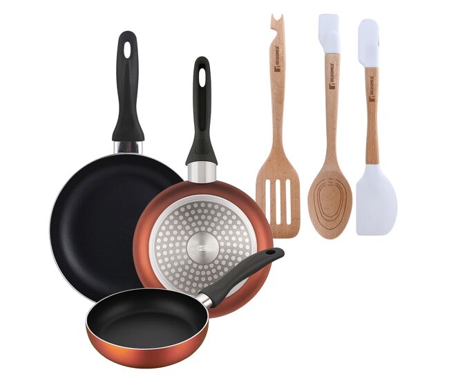 Well home set de 3 sartenes ø16ø20ø24cm de aluminio prensado en cobre metalizado+juego de 3 utensilios de cocina en silicona y madera