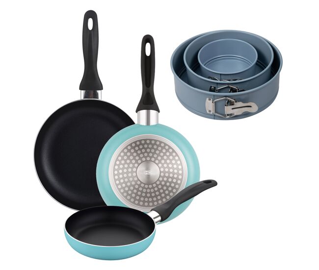 Well home set de 3 sartenes ø16ø20ø24cm de aluminio prensado en azul mate+juego de 3 moldes de horno redondos ø12ø18ø22cm
