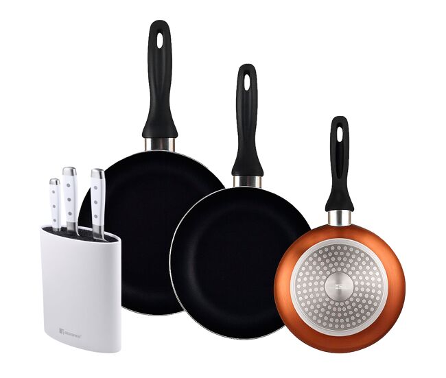 Well home set de 3 sartenes ø16ø20ø24cm de aluminio prensado en bronce metalizado+juego de 3 cuchillos de acero inoxidable + tacoma en color blanco