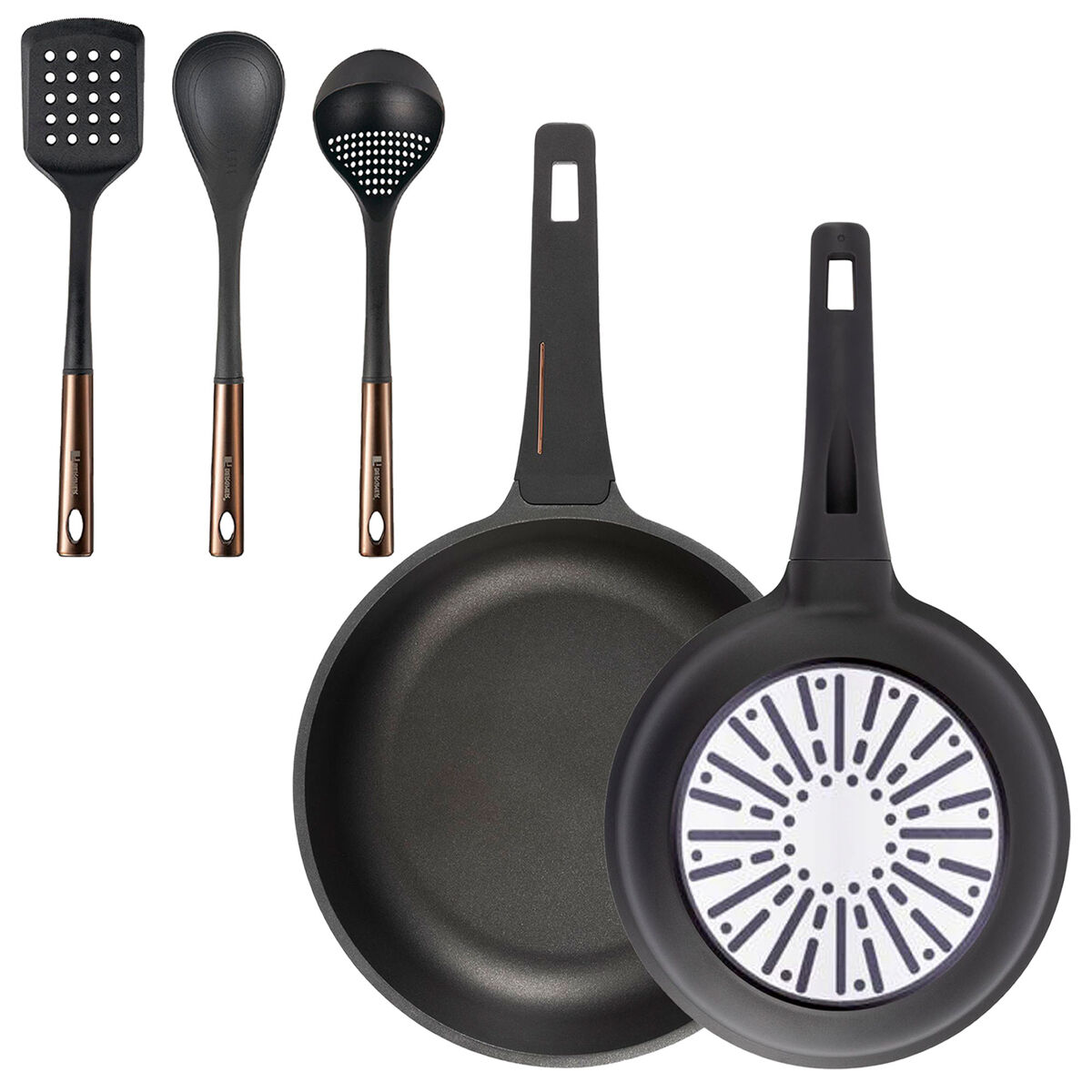 Bergner juego de 2 sartenes ø24ø28cm en aluminio fundido con mango de baquelita+ set de 3 utensilios de cocina de pbt negro y cobre