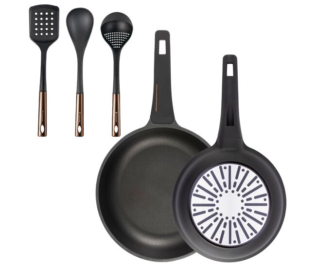 Bergner juego de 2 sartenes ø24ø28cm en aluminio fundido con mango de baquelita+ set de 3 utensilios de cocina de pbt negro y cobre