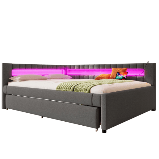 Sofá-cama 140x200 cm - LED com comando, cama extraível, USB + TYPE-C - Cinza