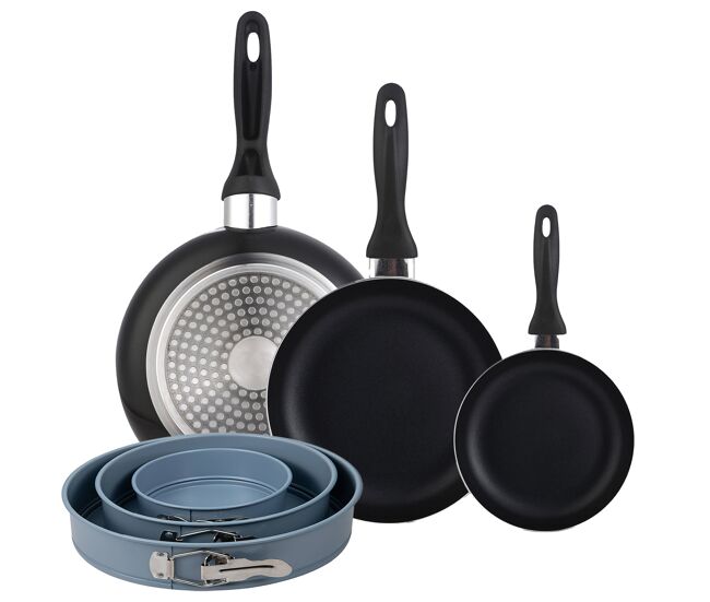 Set 3 sartenes wellhome 16/20/24 aluminio prensado+juego de 3 moldes de horno redondos ø12ø18ø22cm